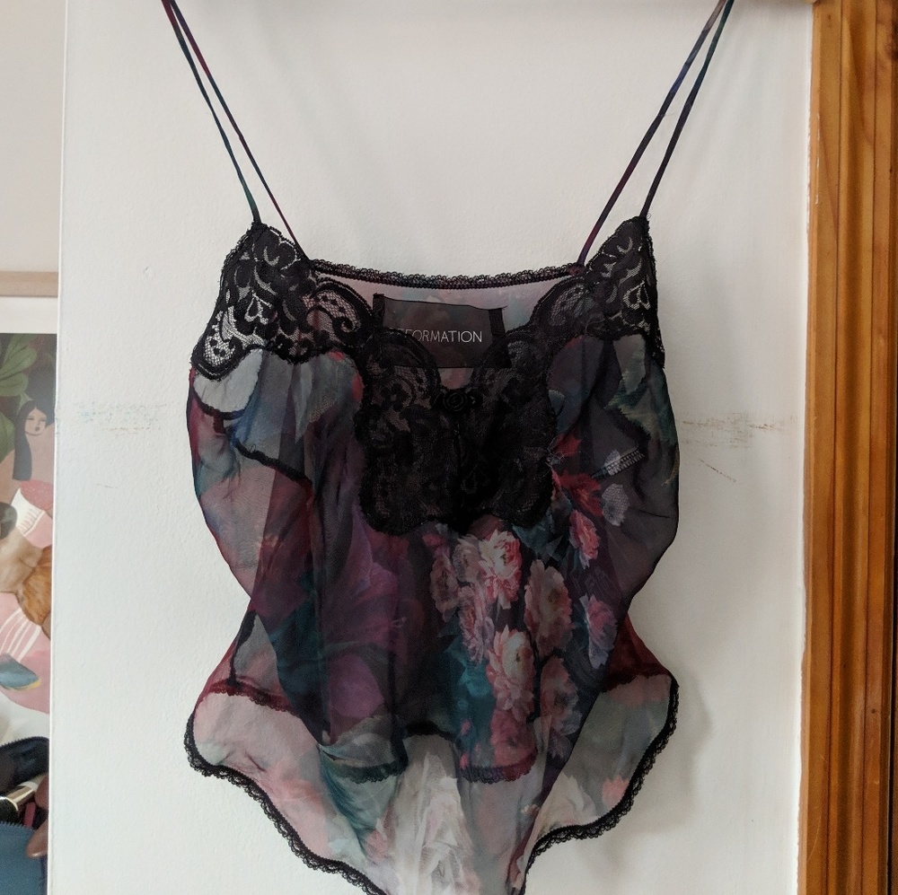 Reformation sheer floral cami with lace 0